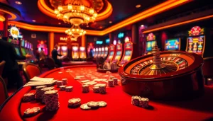 Engaging casino scene featuring casino table action at 69vn.gb.net, with vibrant poker chips and glowing slot machines.