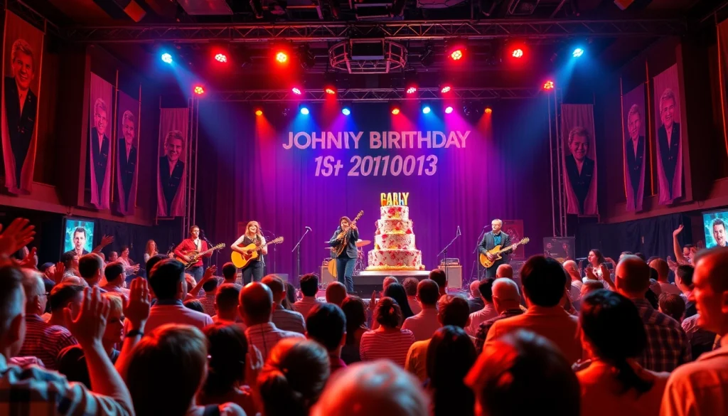 Vibrant scene at the Johnny Cash birthday celebration with live music and festive decorations.