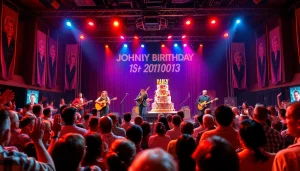 Vibrant scene at the Johnny Cash birthday celebration with live music and festive decorations.