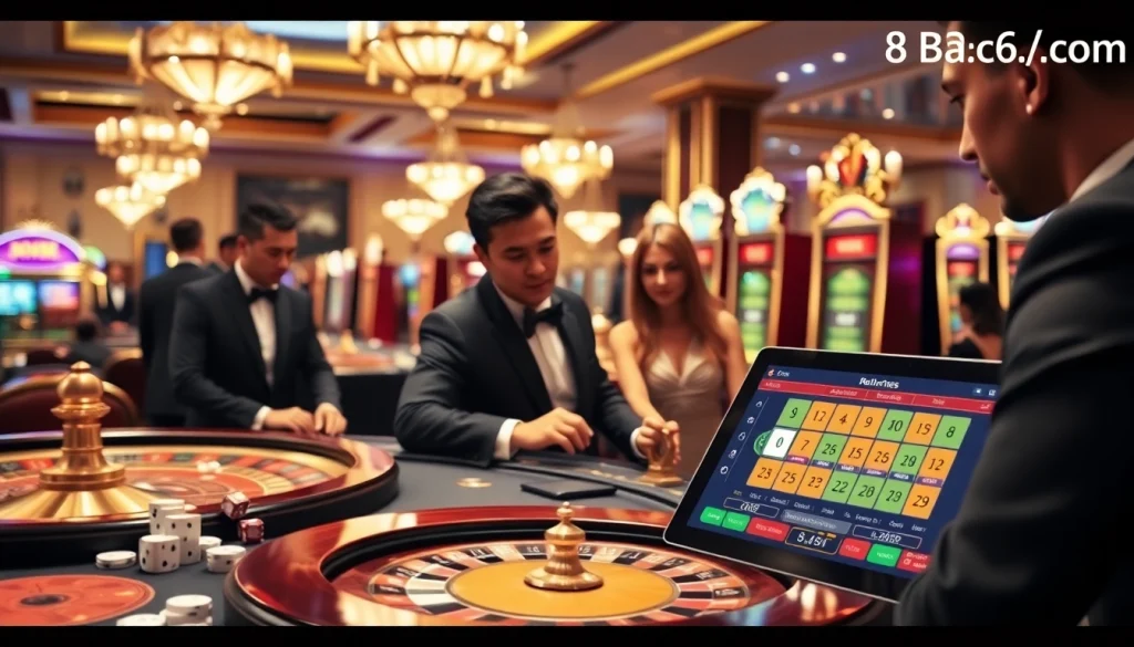 Players enjoying gaming action at 8day.cn.com casino tables showcasing luxury and excitement.