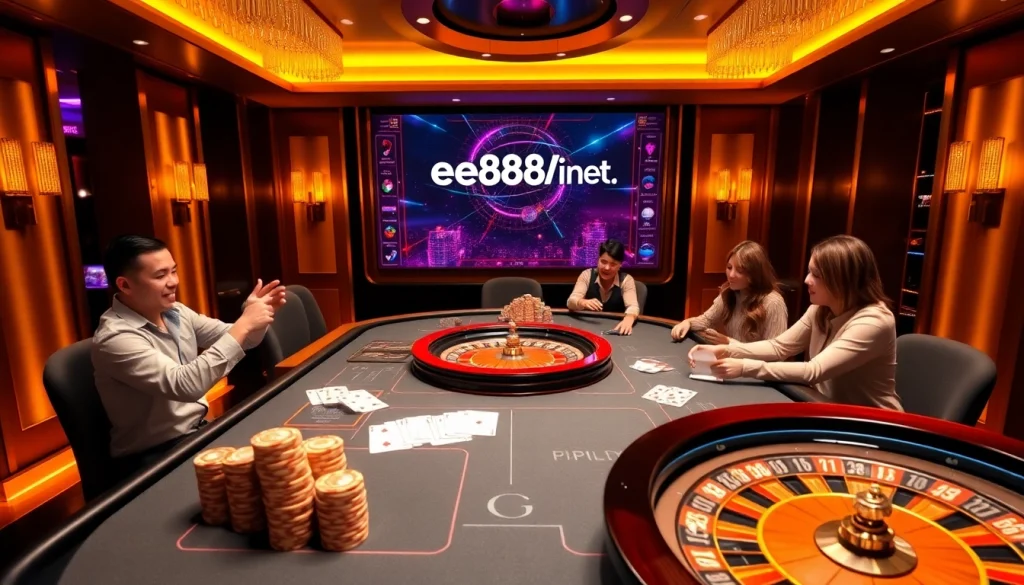 Players engaging at the luxurious ee88win.net casino table filled with exciting betting action.