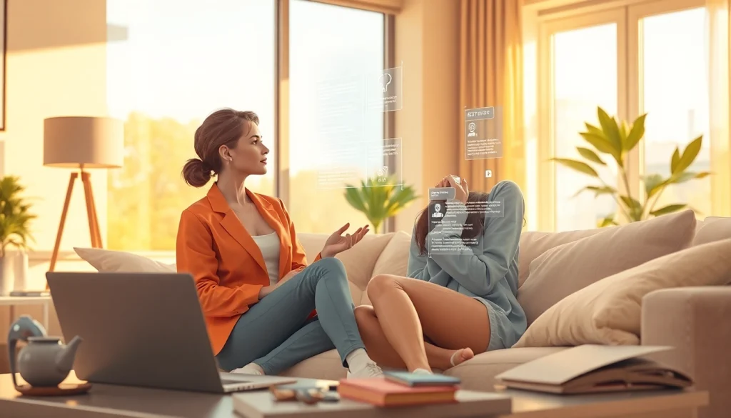 Engaging interaction with a digital AI girlfriend in a cozy setting, showcasing advanced AI technology.