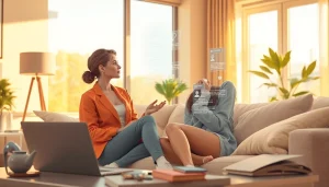 Engaging interaction with a digital AI girlfriend in a cozy setting, showcasing advanced AI technology.