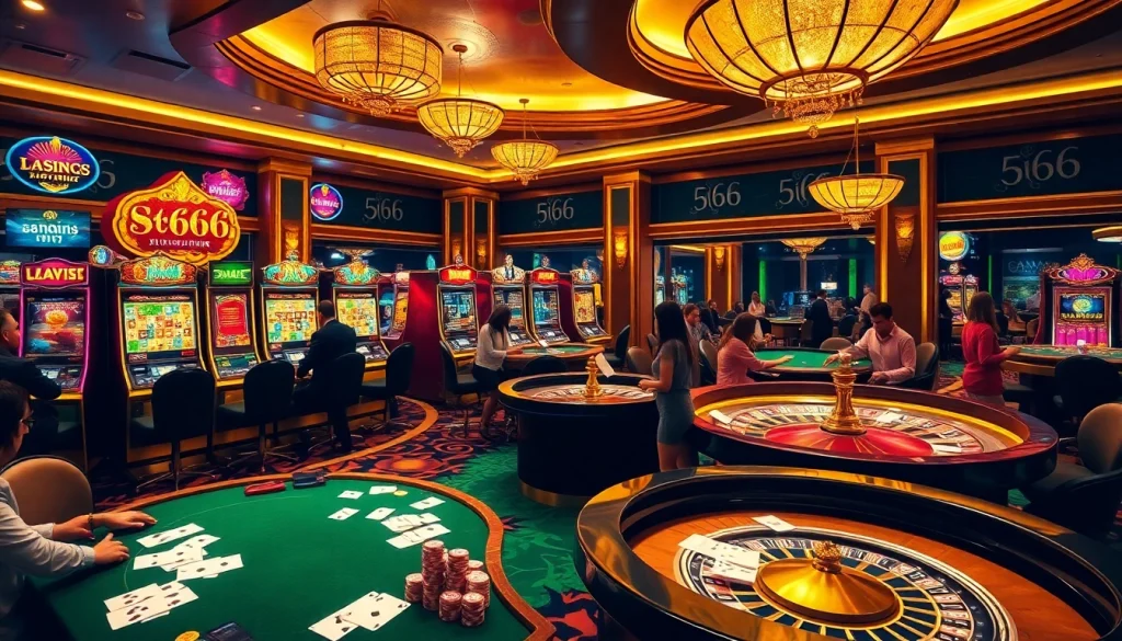 S666 đăng nhập action scene in a lively casino with slot machines and poker tables.