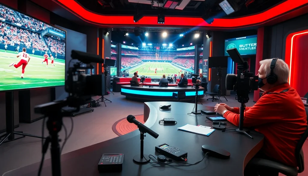 Sports Broadcasting professionals engaged live in a modern studio, capturing audience excitement.